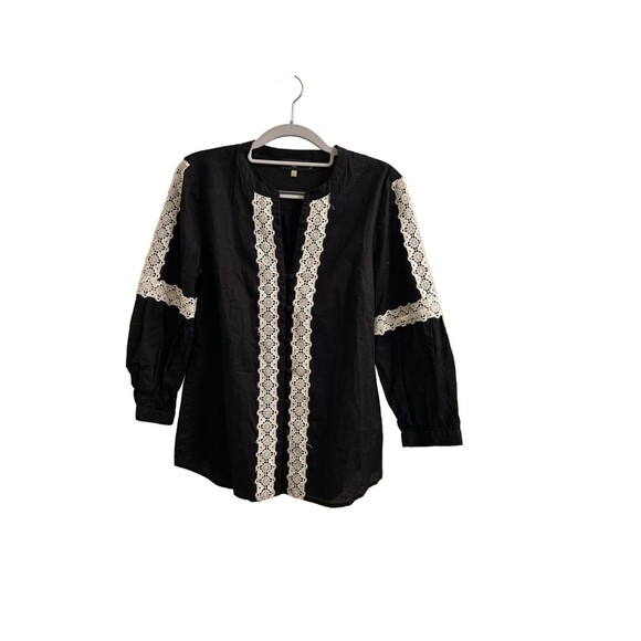 Karl Lagerfeld Paris Black Blouse Lace Sz Small Peasant Boho - Picture 1 of 5
